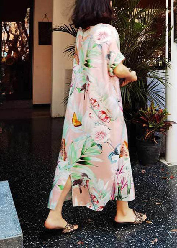 Elegant Pink O Neck Print Silk Long Dresses Summer