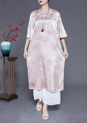 Elegant Pink O-Neck Print Tassel Silk Long Dress Half Sleeve