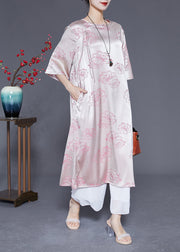 Elegant Pink O-Neck Print Tassel Silk Long Dress Half Sleeve