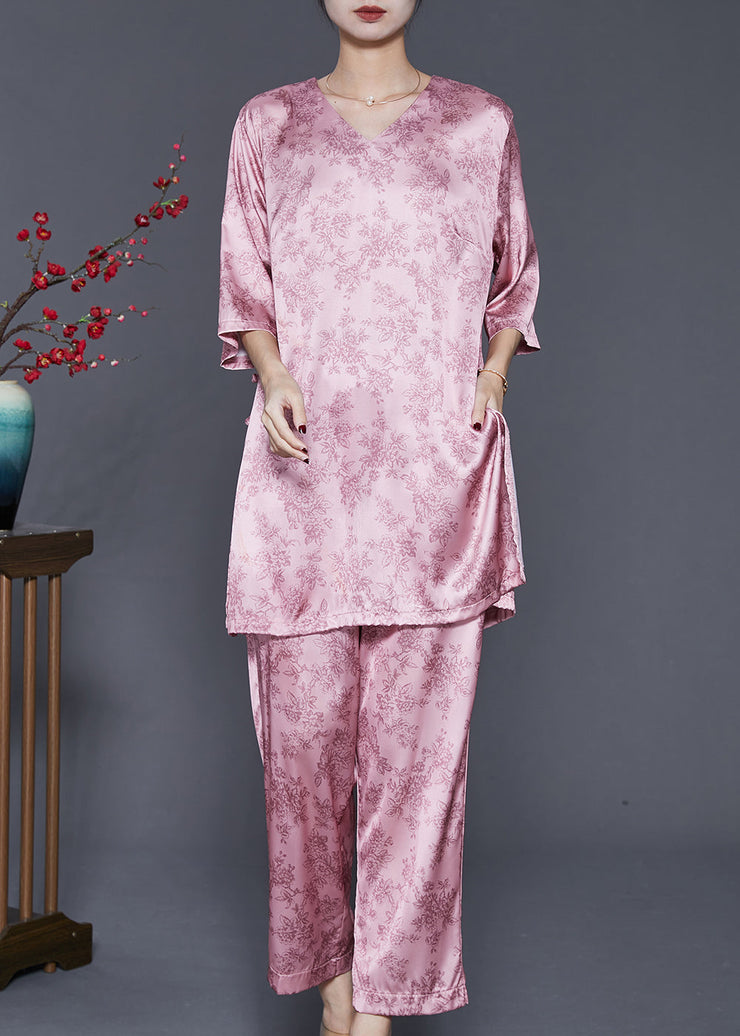 Elegant Pink Oversized Print Silk Two Pieces Set Spring