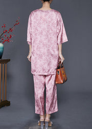 Elegant Pink Oversized Print Silk Two Pieces Set Spring