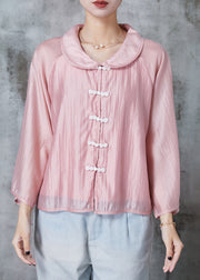 Elegant Pink Peter Pan Collar Chinese Button Silk Shirts Summer