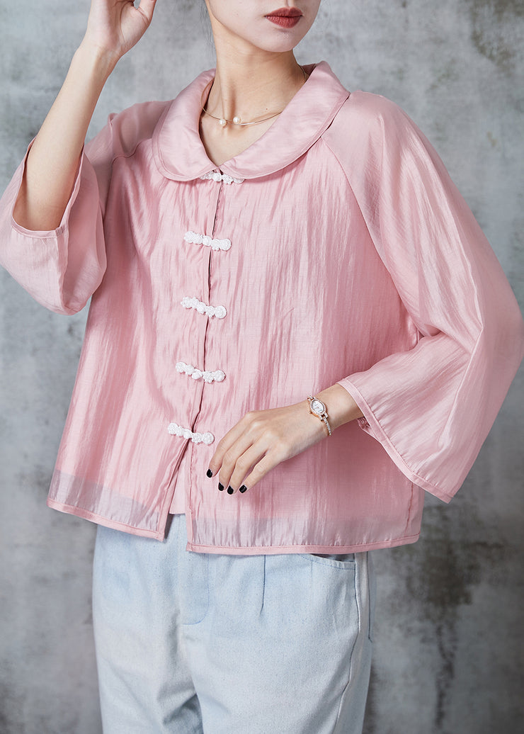 Elegant Pink Peter Pan Collar Chinese Button Silk Shirts Summer