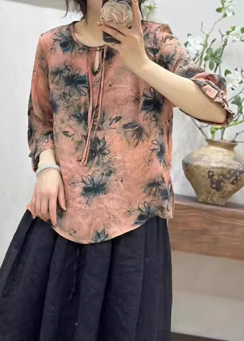 Elegant Pink Print Button Linen T Shirts Half Sleeve