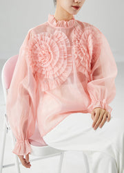 Elegant Pink Ruffled Floral Chiffon Blouses Summer