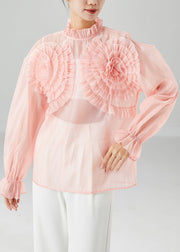 Elegant Pink Ruffled Floral Chiffon Blouses Summer