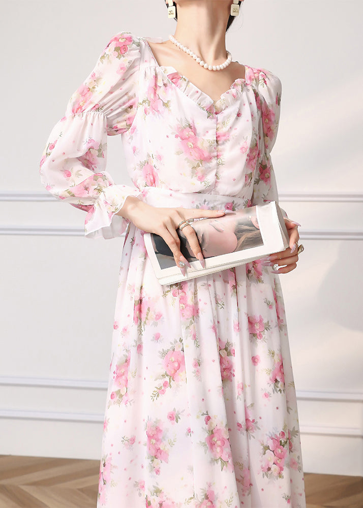 Elegant Pink Ruffled Print Chiffon Dress Long Sleeve