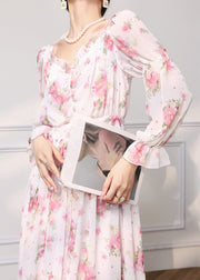 Elegant Pink Ruffled Print Chiffon Dress Long Sleeve