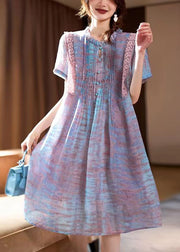 Elegant Pink Ruffled Print Chiffon Long Dress Short Sleeve