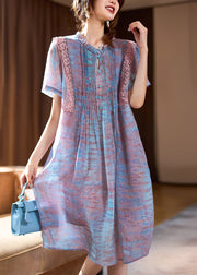 Elegant Pink Ruffled Print Chiffon Long Dress Short Sleeve