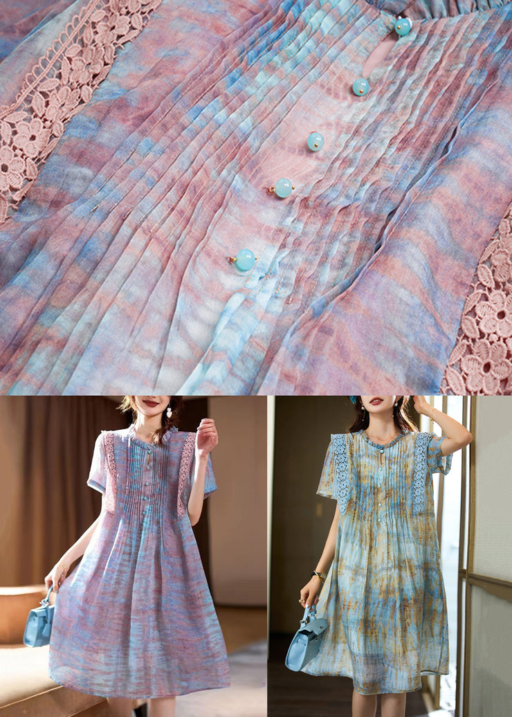 Elegant Pink Ruffled Print Chiffon Long Dress Short Sleeve