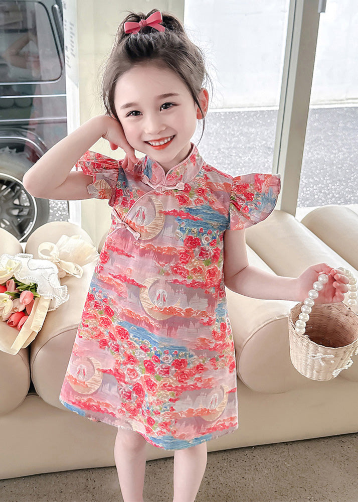 Elegant Pink Stand Collar Button Girls Mid Dress Summer