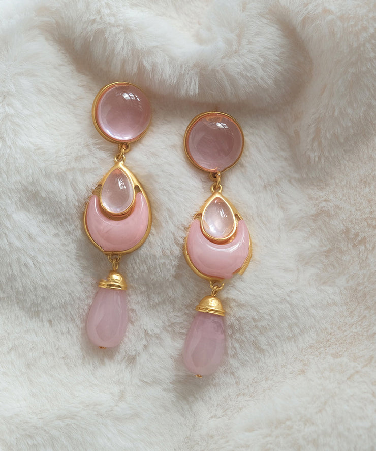 Elegant Pink Sterling Silver Overgild Crystal Coloured Glaze Water Drop Drop Earrings