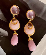 Elegant Pink Sterling Silver Overgild Crystal Coloured Glaze Water Drop Drop Earrings