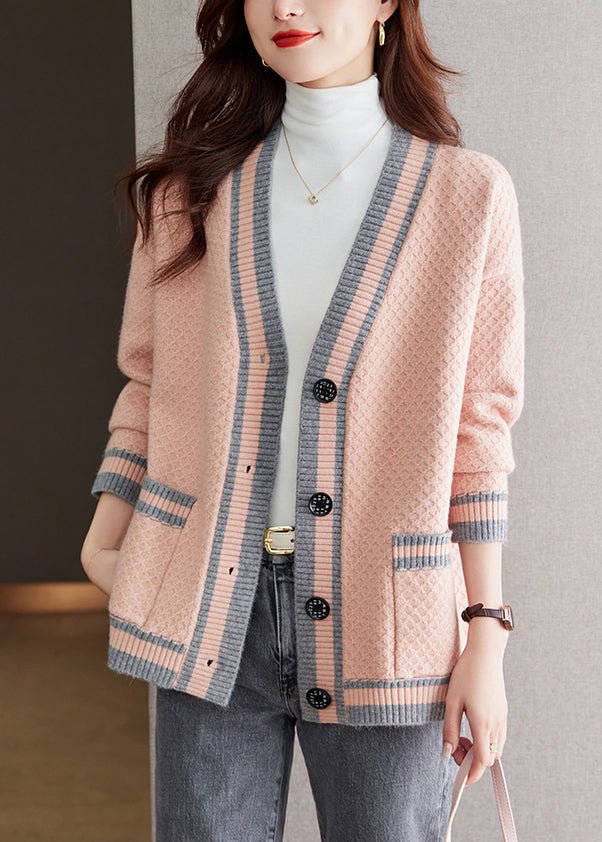 Elegant Pink V Neck Button Patchwork Knit Cardigan Fall