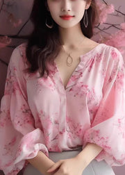 Elegant Pink V Neck Print Chiffon Blouses Bracelet Sleeve