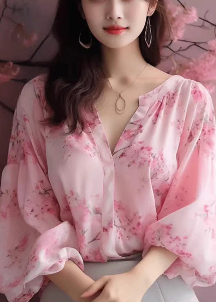 Elegant Pink V Neck Print Chiffon Blouses Bracelet Sleeve