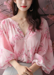 Elegant Pink V Neck Print Chiffon Blouses Bracelet Sleeve