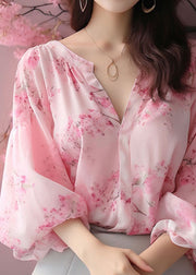 Elegant Pink V Neck Print Chiffon Blouses Bracelet Sleeve