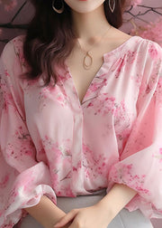 Elegant Pink V Neck Print Chiffon Blouses Bracelet Sleeve