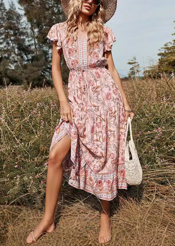 Elegant Pink V Neck Print High Waist Long Dresses Summer