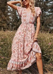 Elegant Pink V Neck Print High Waist Long Dresses Summer