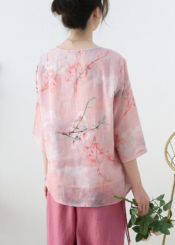 Elegant Pink V Neck Print Linen Shirt Top Half Sleeve