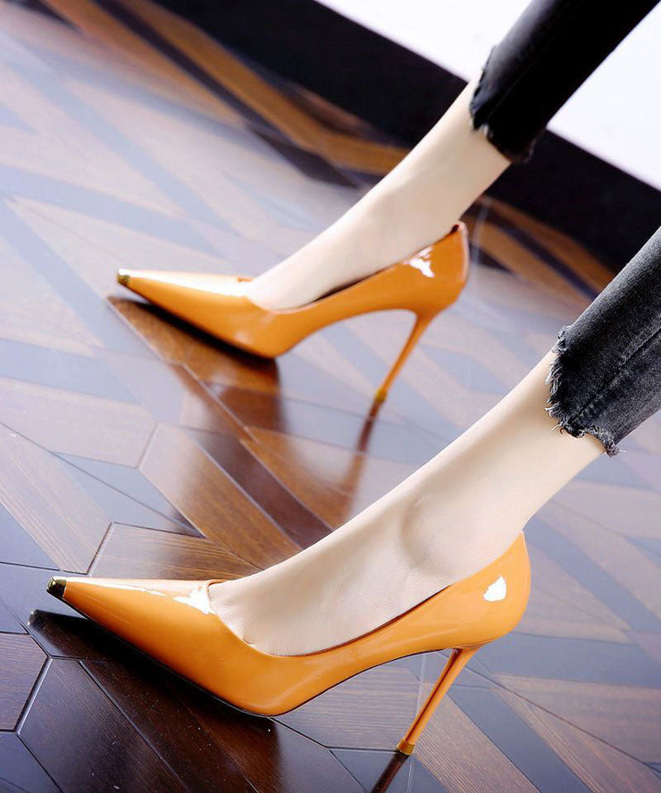 Elegant Pointed Toe Stiletto High Heels Orange Cowhide Leather