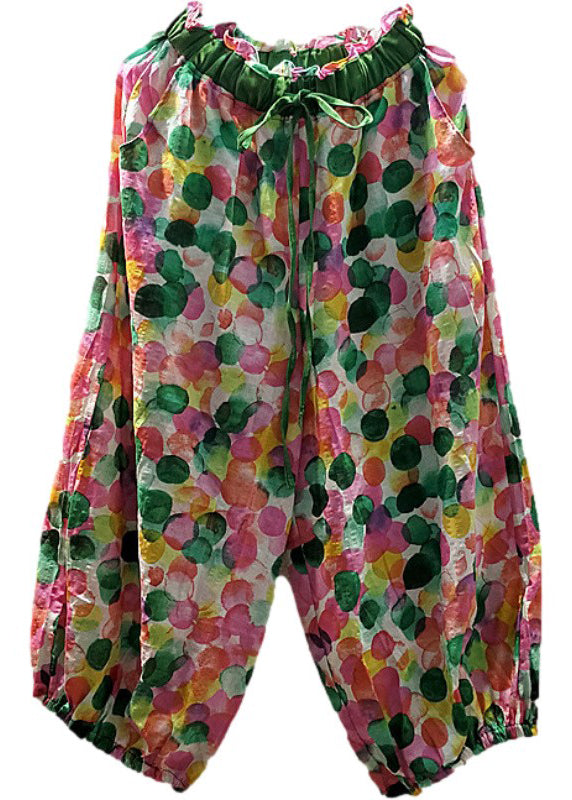 Elegant Print Elastic Waist Tie Waist Linen Crop Pants Fall