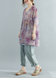 Elegant Print Patchwork Wrinkled Top Half Sleeve