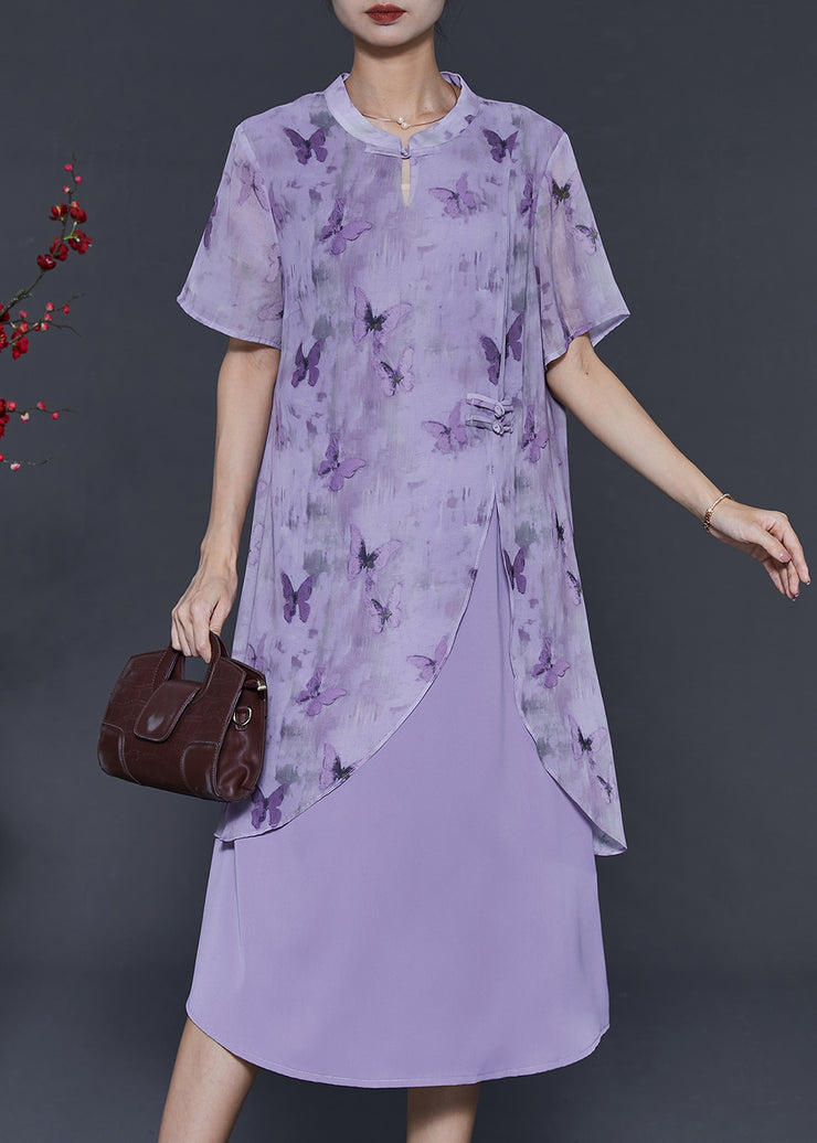 Elegant Purple Butterfly Chinese Button Chiffon Fake Two Piece Dresses Summer