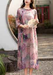 Elegant Purple Button Print Side Open Linen Dress Half Sleeve