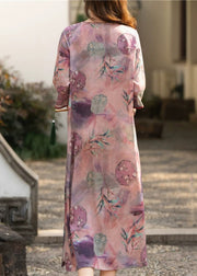 Elegant Purple Button Print Side Open Linen Dress Half Sleeve