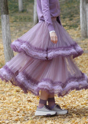 Elegant Purple Exra Large Hem Patchwork Tulle Skirt Spring