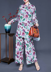 Elegant Purple Floral Print Side Open Silk Tops And Pants Two Pieces Set Spring