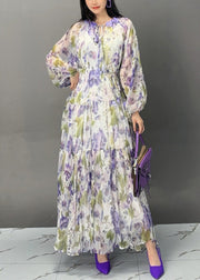 Elegant Purple Lace Up Print Chiffon Fall Long Dress