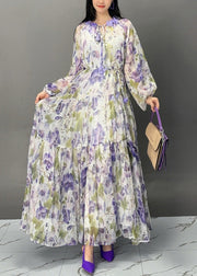 Elegant Purple Lace Up Print Chiffon Fall Long Dress