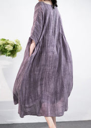 Elegant Purple O Neck Pockets Cotton Long Dress Half Sleeve