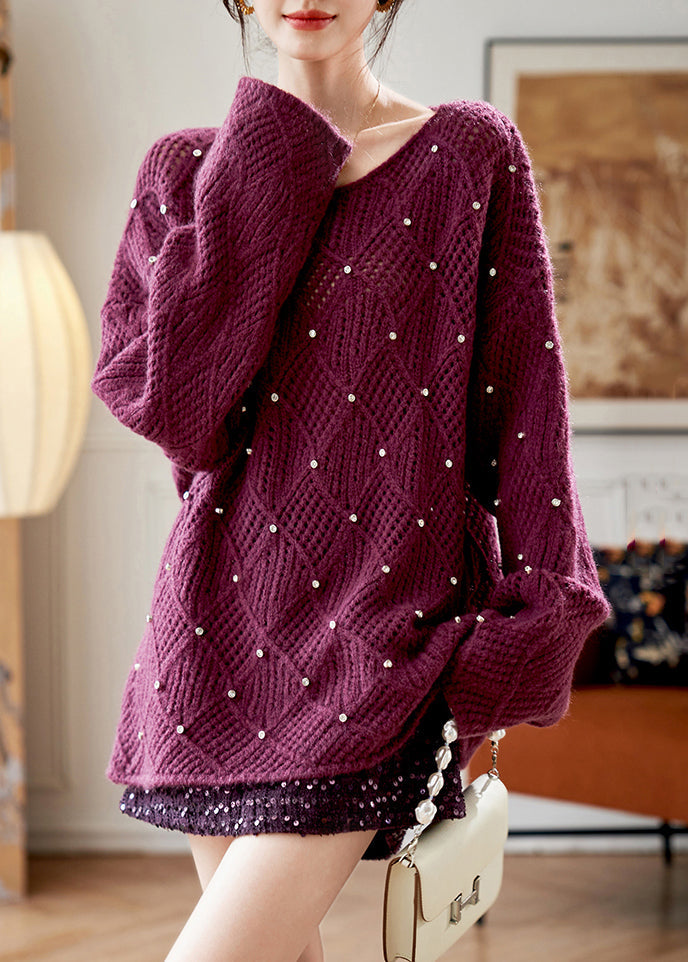 Elegant Purple O Neck Zircon Knit Sweaters Fall