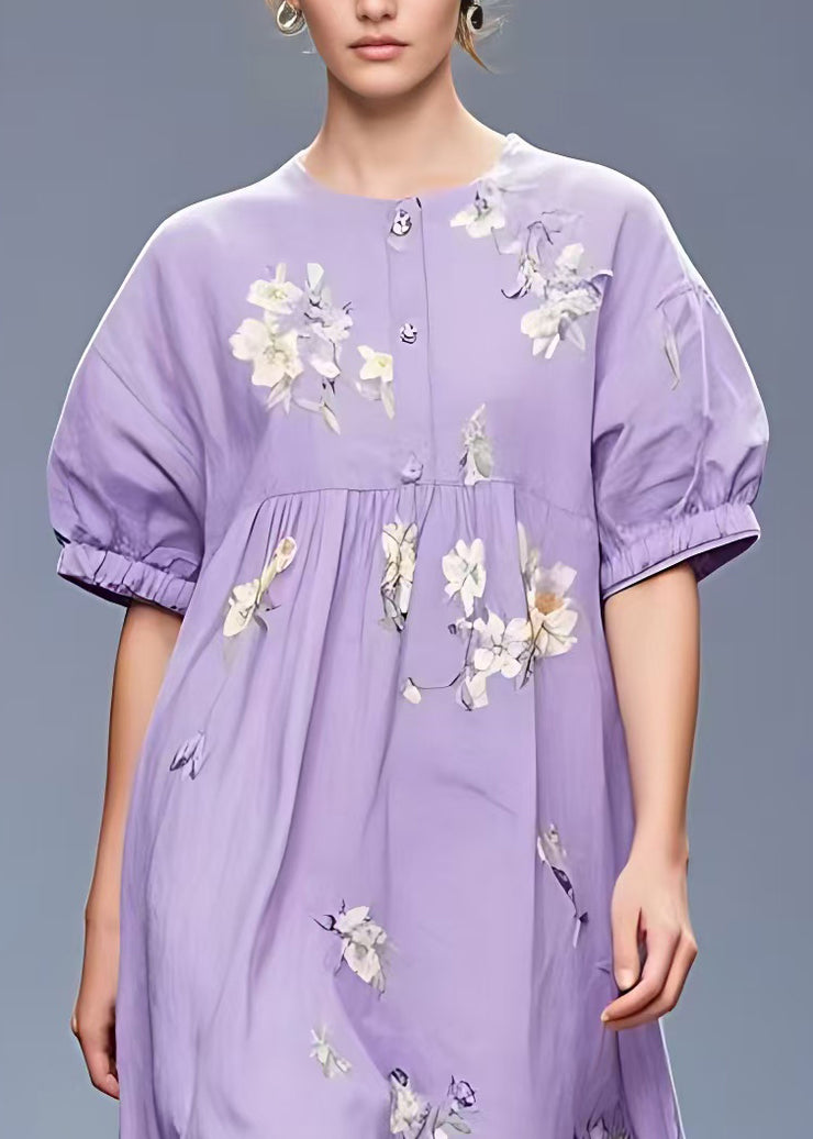 Elegant Purple Print Low High Design Cotton Dress Summer