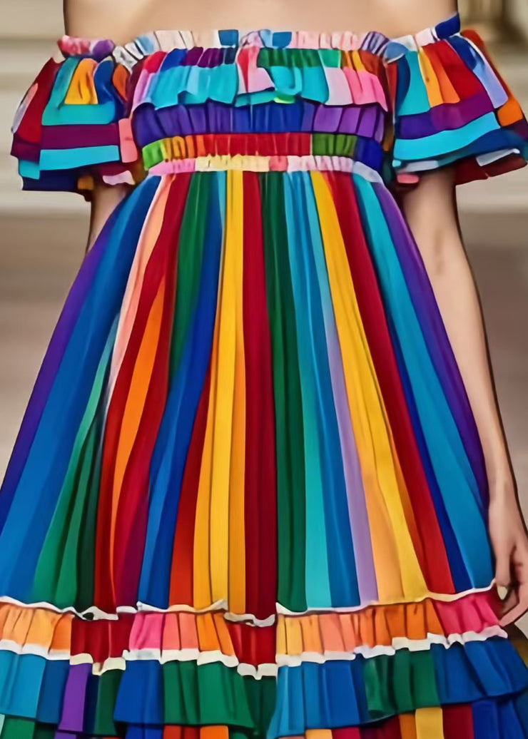 Elegant Rainbow Cold Shoulder Striped Chiffon Dress Summer