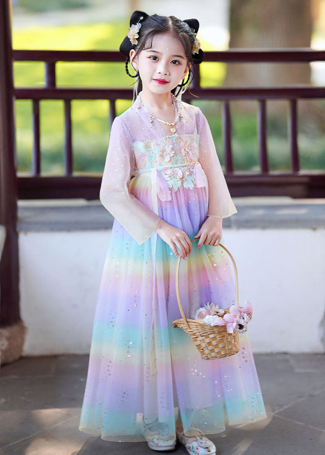 Elegant Rainbow Gradient Color Patchwork Tulle Kids Vacation Long Dresses Long Sleeve