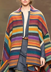 Elegant Rainbow V Neck Tassel Low High Design Woolen Coats Fall