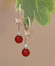 Elegant Red Alloy Zircon Pearl Shell Butterfly Drop Earrings