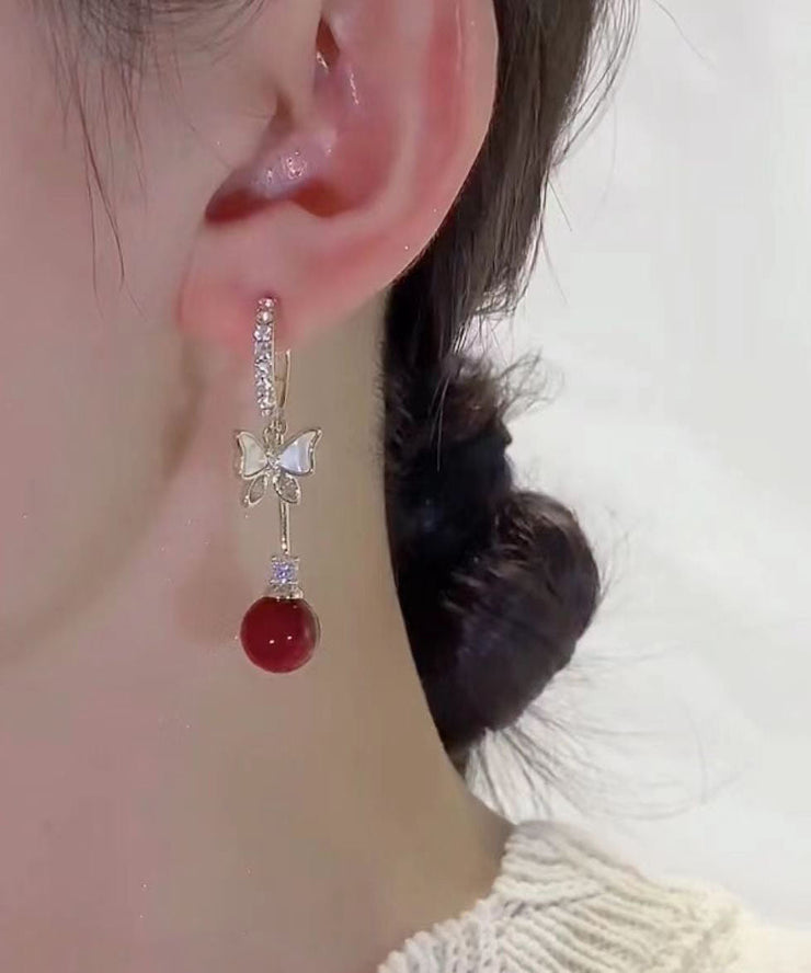 Elegant Red Alloy Zircon Pearl Shell Butterfly Drop Earrings