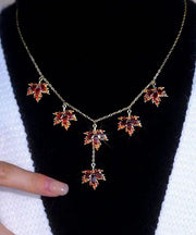 Elegant Red Copper Alloy Crystal Maple Leaves Pendant Necklace