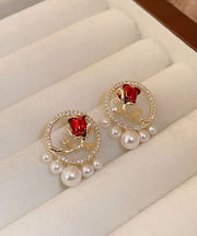 Elegant Red Copper Zircon Pearl Rose Stud Earrings