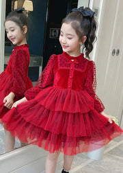 Elegant Red Dot Print Tulle Kids Long Princess Dress Long Sleeve