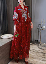 Elegant Red Embroidered Patchwork Lace Long Dress Spring