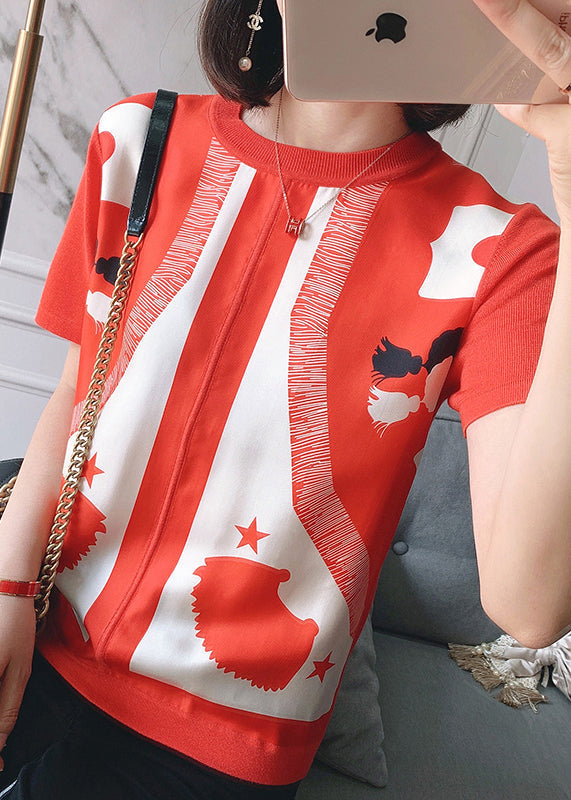 Elegant Red O-Neck Print Silk Patchwork Knit Top Short Sleeve